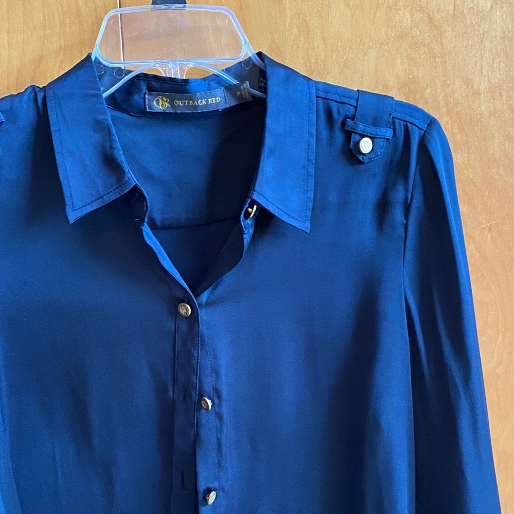 Outback Red Womens Navy long sleeve Button-Down blouse with gold button accents